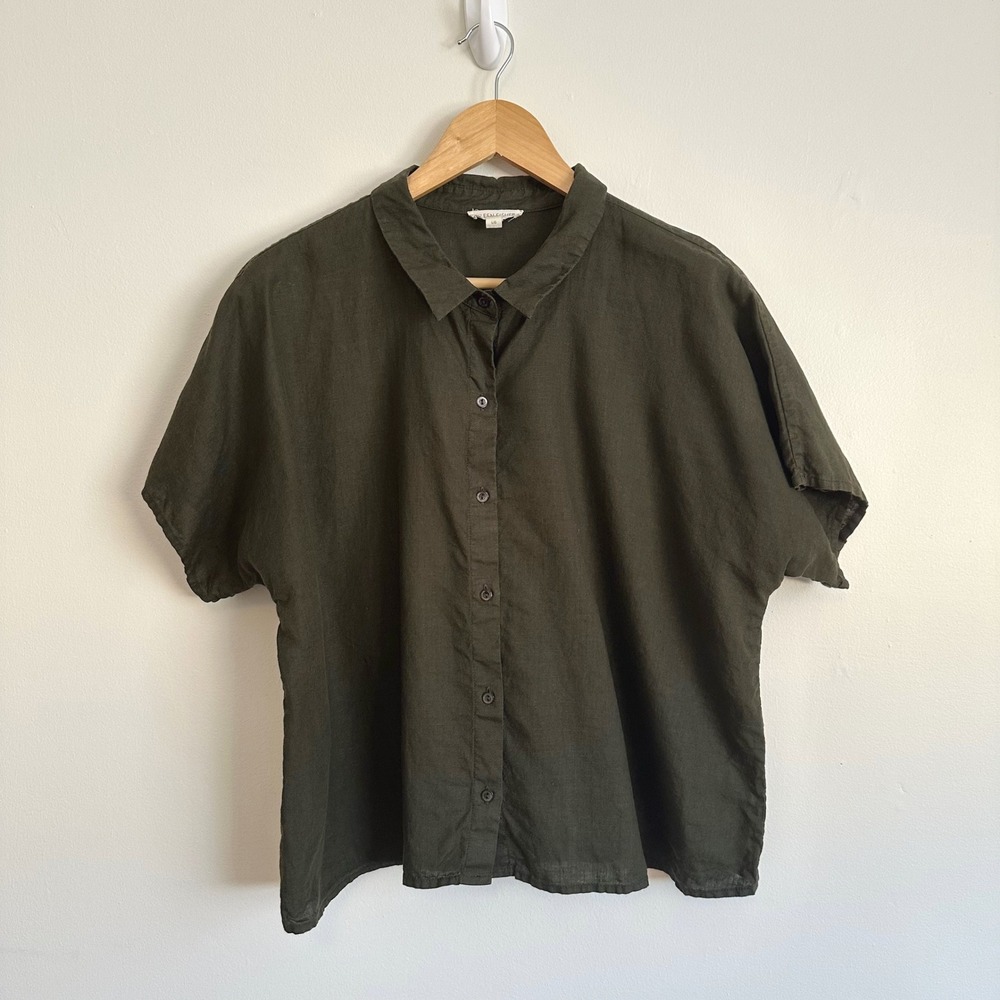 Eileen Fisher Organic Linen Button Up (L) Green Minimalist Capsule Quiet Luxury